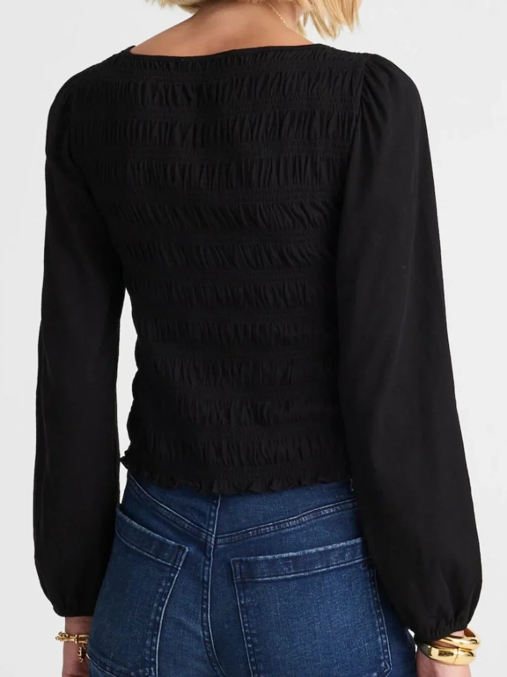 Madewell Smocked Cotton Boatneck Puff Sleeves Slim Fit Top Black Size XS NWT